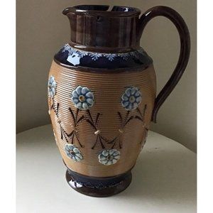 Antique Royal Doulton Lambeth Tan , Brown, Blue Floral Pitcher 8.5”